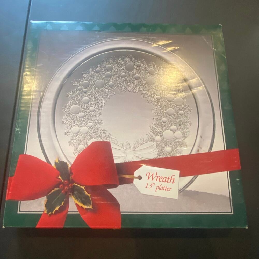 Indiana Glass American Glass Wreath Platter 13" Clear Glass Holiday Serving Tray